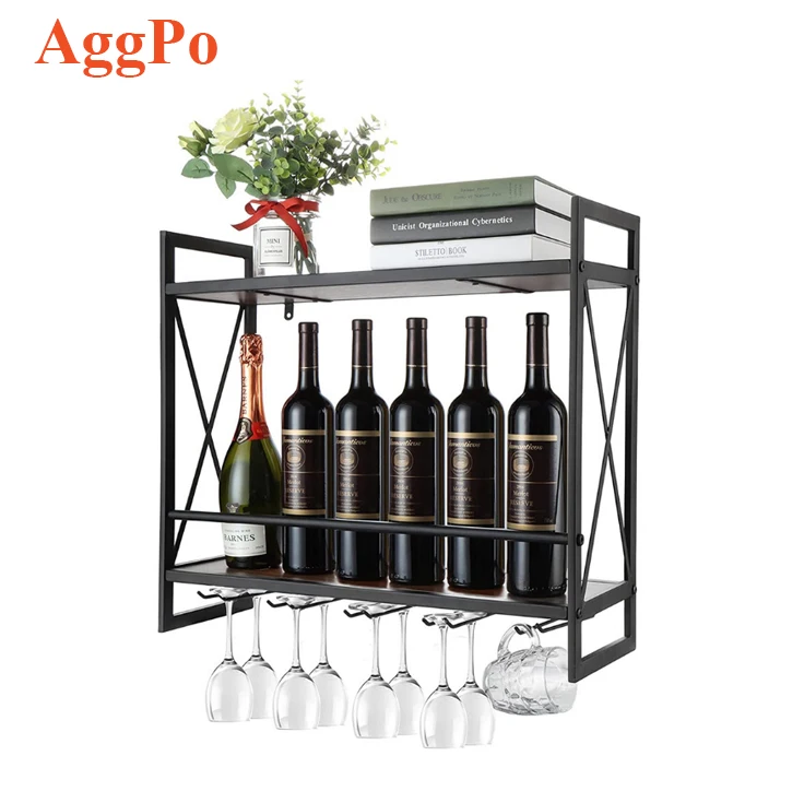 Wall Mounted Wine Racks Industrial Style with 8 Stem Glass Holder 2-Tier Wood Shelf Home Kitchen