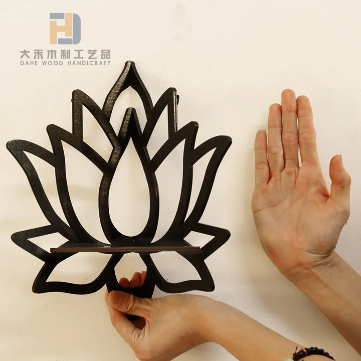 Rustic Crystal Wood Floating Shelf Wooden Butterfly Lotus Flower Shelves for Farmhouse Wall Decoration Meditation Spiritual Gift