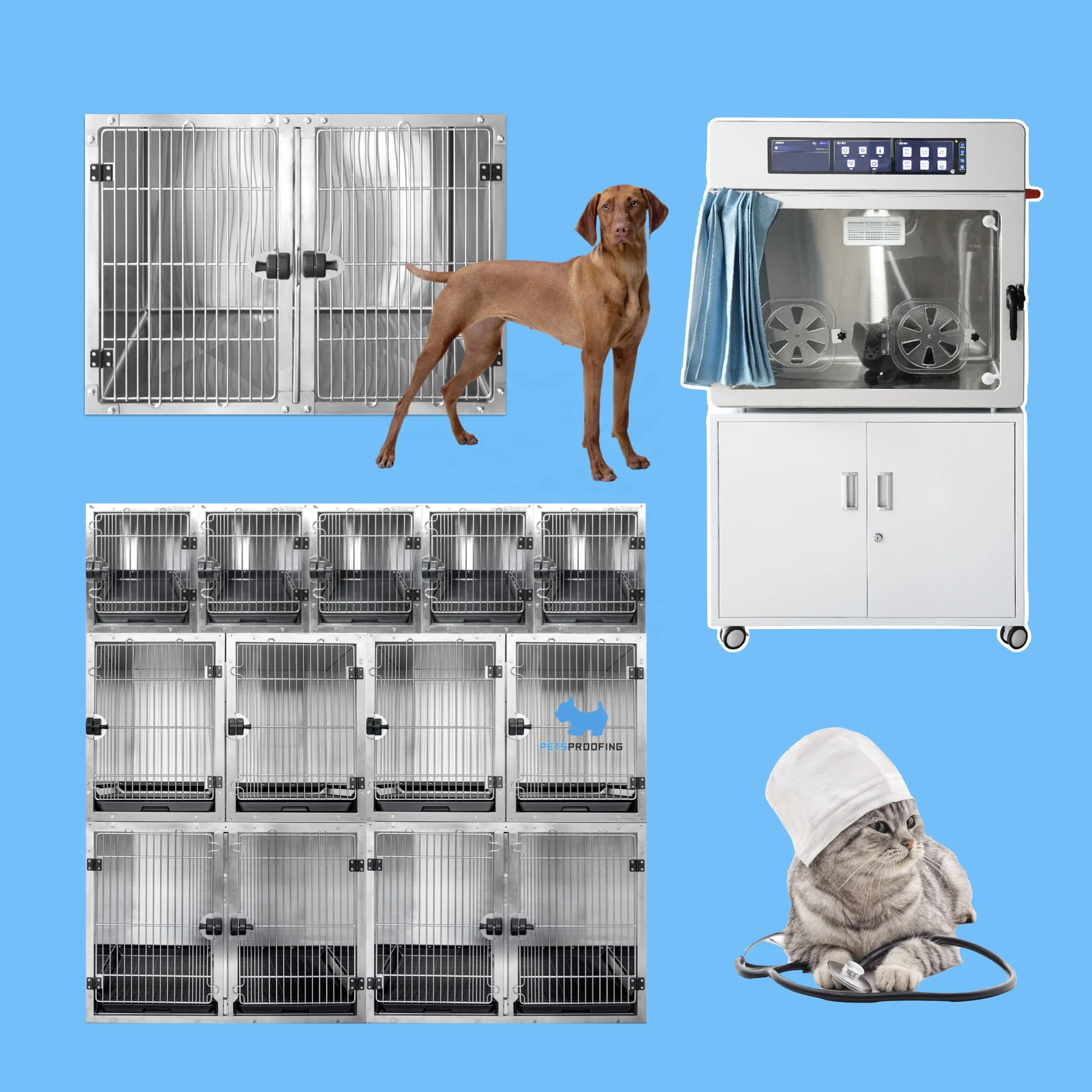 Medical Veterinary Equipment Multifunction 304 Stainless Steel Pet Incubator ICU Cage for Inpatient Cat & Dog Oxygen Chamber