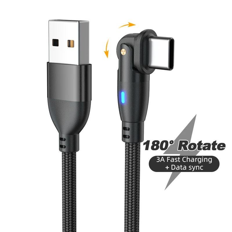 180 Degree Rotating USB to Type C Charging Data Transfer Nylon Cable L Shape and Straight 2 in 1