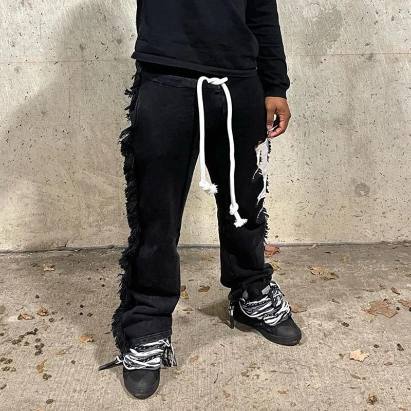 YSJY custom high quality patchwork jogger baggy loose vintage pocket cut and sew acid wash distressed patch pants for men