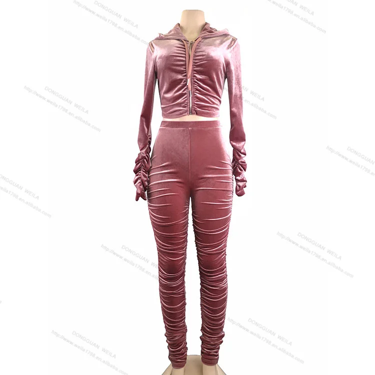Женский бархатный костюм с длинным рукавом, элегантный спортивный костюм из двух предметов, топ с капюшоном на молнии с рюшами и леггинсы с высокой талией