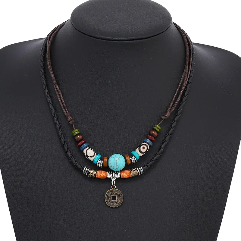 Hot Selling Custom Personalized Turquoise Beaded Vintage Multi Layered Braided Leather Chain Men Necklace