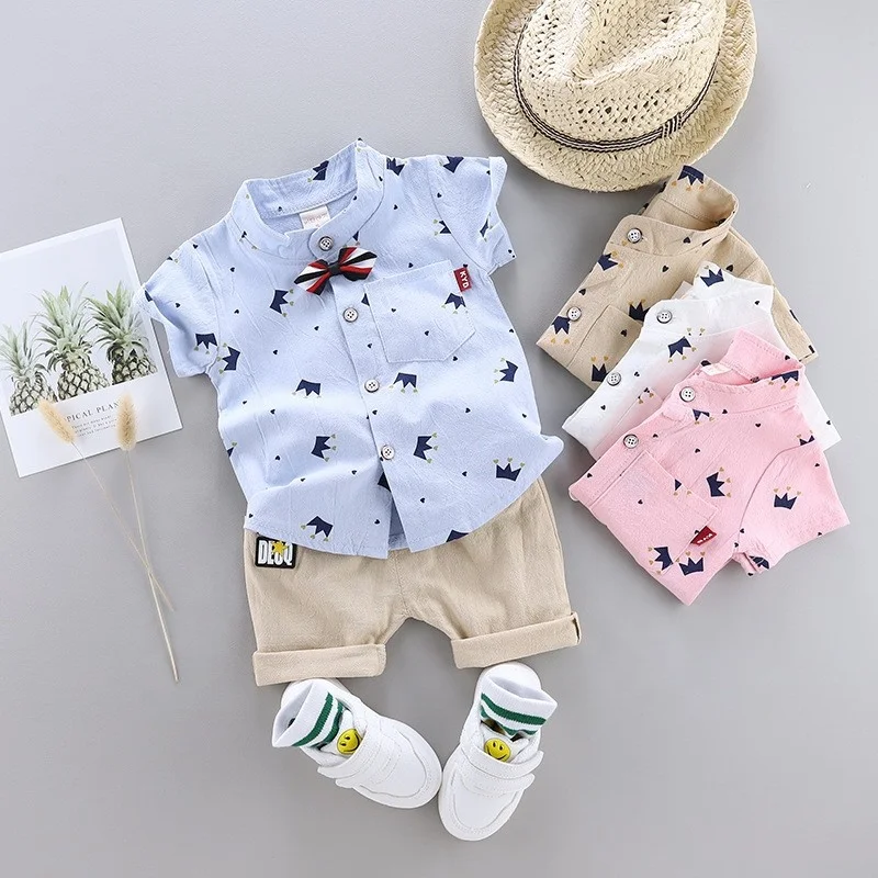 2023 Summer Child Boys Clothes Suits Short Sleeve Single Breasted Crown Print Shirt Pant 2 Pieces Children Clothing Boy