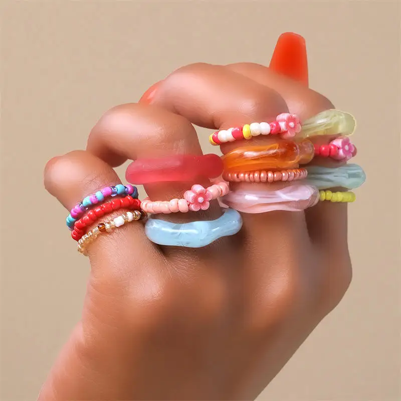 Original Design 14 Pcs Rings Set Candy Color Geometric Resin Acrylic Elastic Beads Rings For Girl Gift