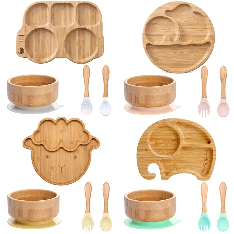 Eco Friendly Bamboo Suction Plate Kids Dinner Set Baby Feeding Set Bamboo Suction Plates