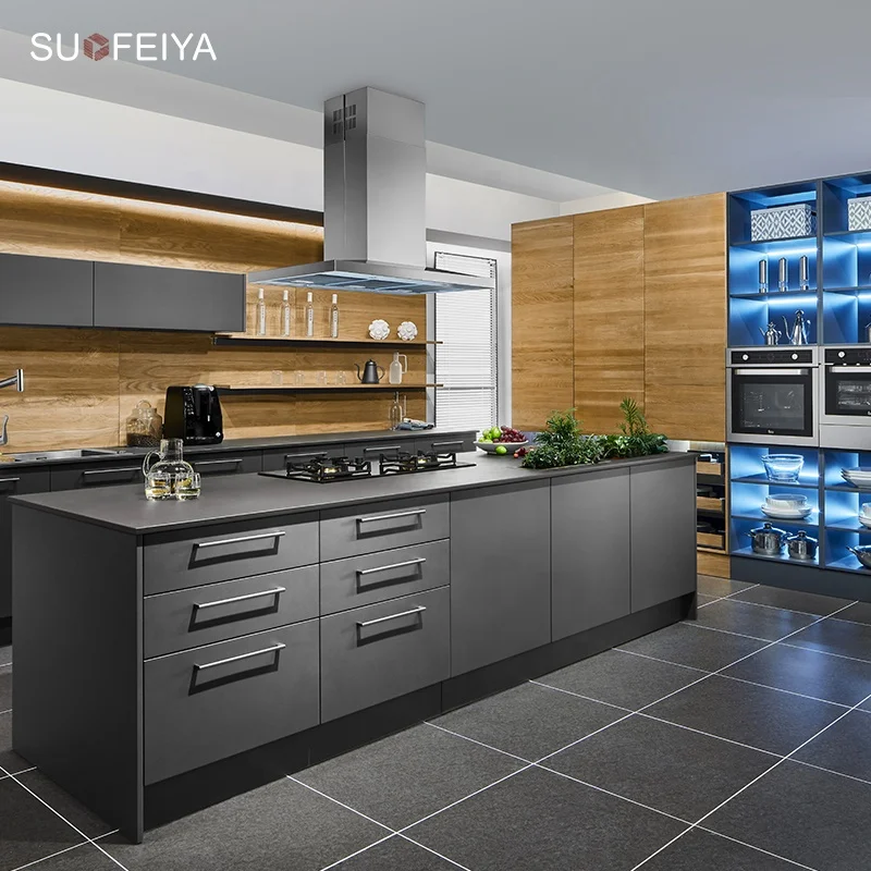Suofeiya простой дизайн 2 цветных листа ламината внутри кухонных шкафов с чистой ручкой-без вида