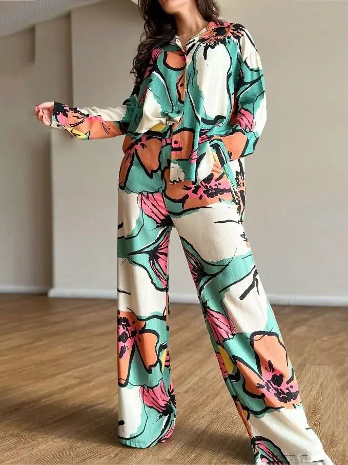 RedPeony Fashion Casual Two Piece Suit Women Loose Wide Legs Trousers Suits 2024 Long Pant Sets Print Shirt Two Piece Set
