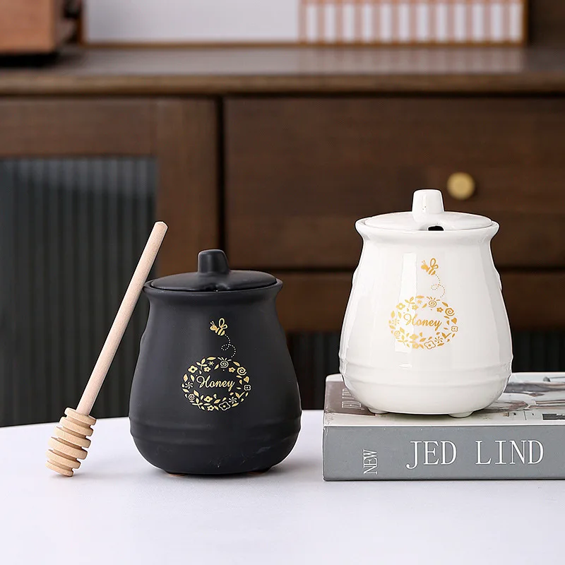 360ml Ceramic Honey Jar with Wooden Dipper & Large Bee Decoration Farmhouse Kitchen Accessory for Food Use
