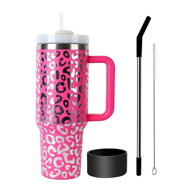 Custom Ideas 40 oz Coffee Mug Stainless Steel Double Wall Vacuum Beer Cup Travel Leopard Tumbler With Handle Straw Lids