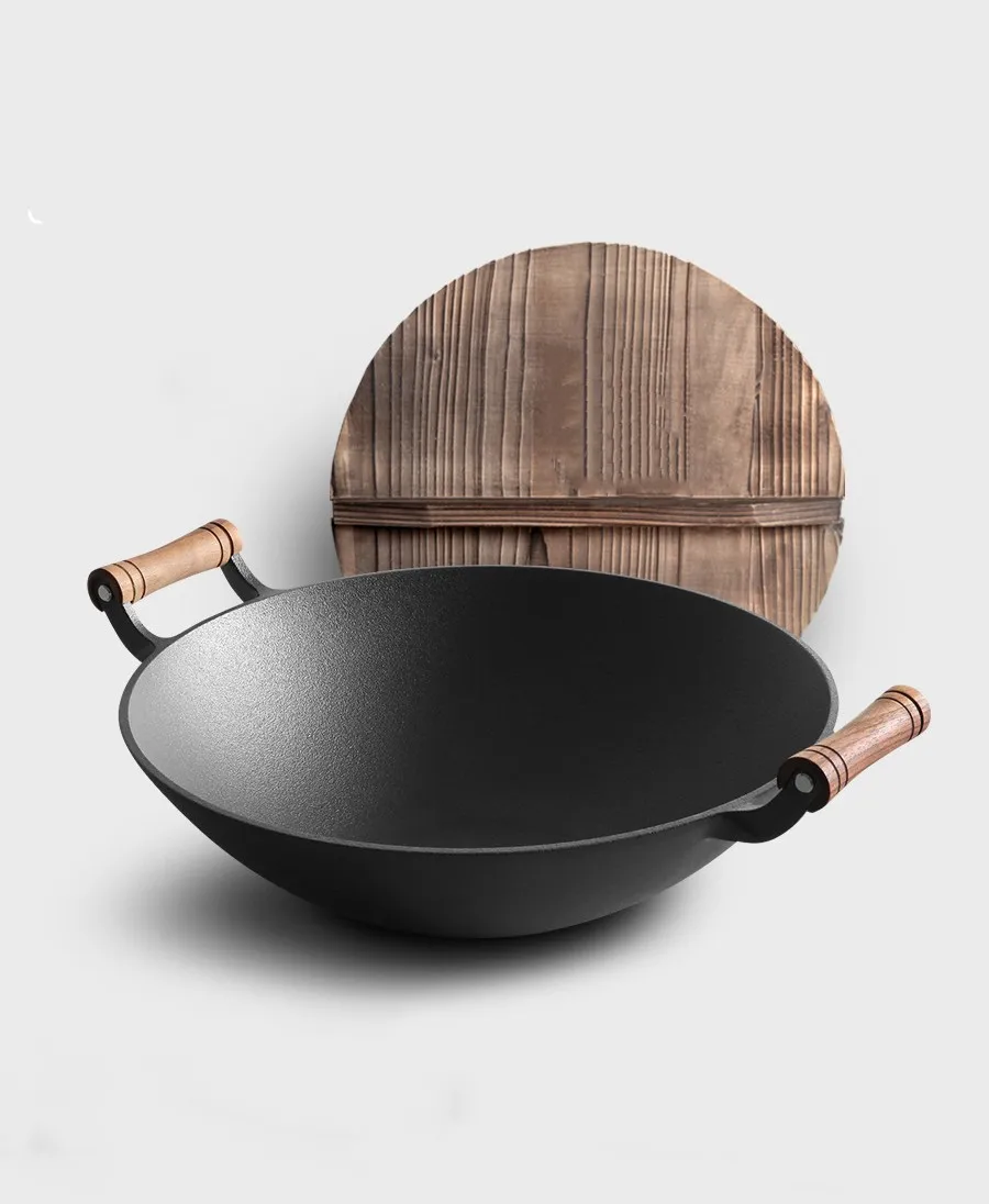 Cast Iron Woks Frying Pan Non-Stick Deep Skillet Double Ears Cooking Pot with Wooden Lid and Wooden Handle