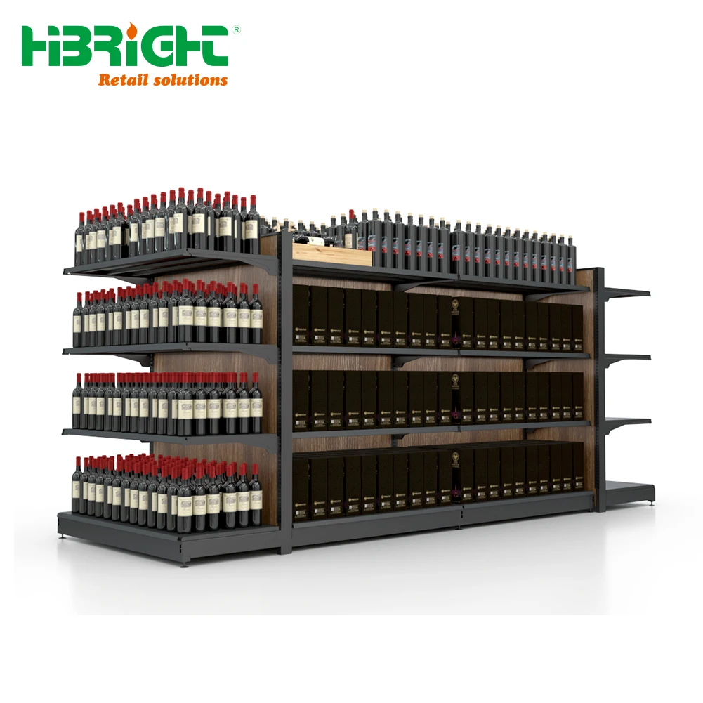 Supermarket Shelves Wood Storage Island Retail Shelving Shop Rack Liquor Store Wooden Display Shelf Gondola for Red Wine