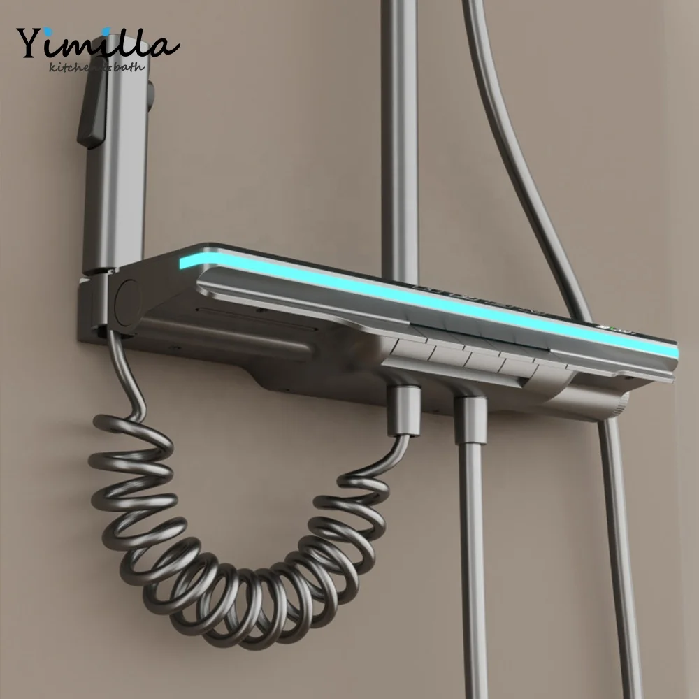 Gun gray hydropower atmosphere lamp shower set waterfall digital LED light Bathroom shower set with filter spray