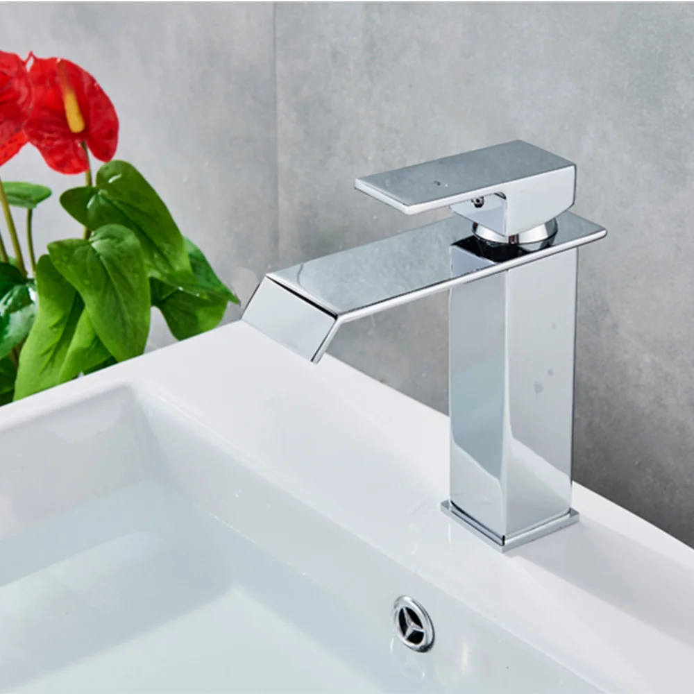 Vanity Sink Faucet Single Lever Chrome Brass Hot and Cold Basin Taps Waterfall
