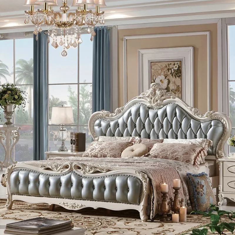 French Style Solid Wood Beds Champagne Gold Type King Size Antique Bedroom Furniture
