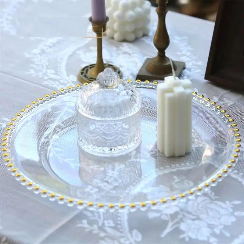 Reusable 13 Inch Gold Rim Beaded Transparent Plate Party Wedding Decoration Plastic Charger Plates
