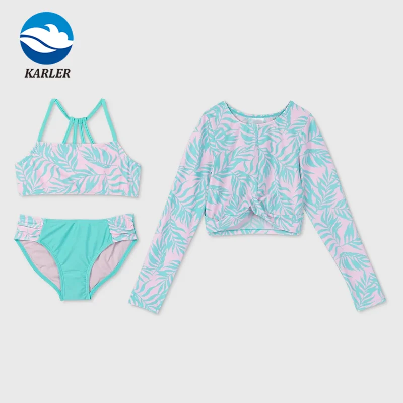 Customized Baby Girls Beach Eco Flexible Green Floral Spaghetti Strap Criss Cross Long Sleeve Three Pieces Rashgard Swimmer Wear