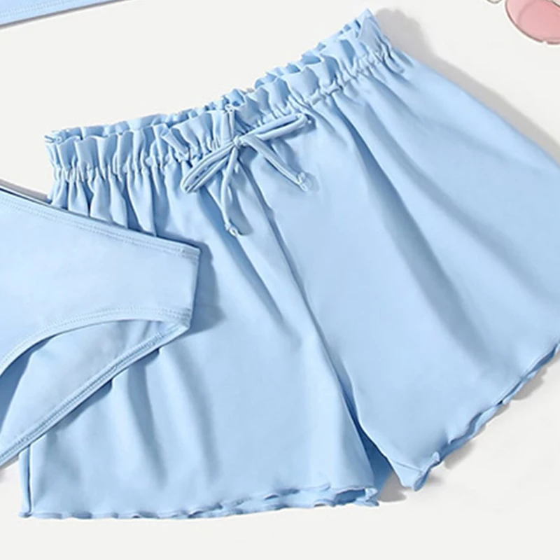 2024 Kids bikini swimsuit solid color tube top panty shorts three-piece set swimwear beachwear for girls