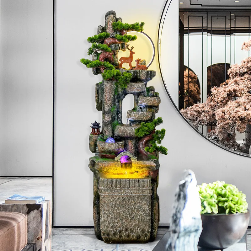 Outdoor Garden Landscape Ornaments Creative Resin Water Fountain Waterfall with Nebulizer Light for Luxury Home Decor