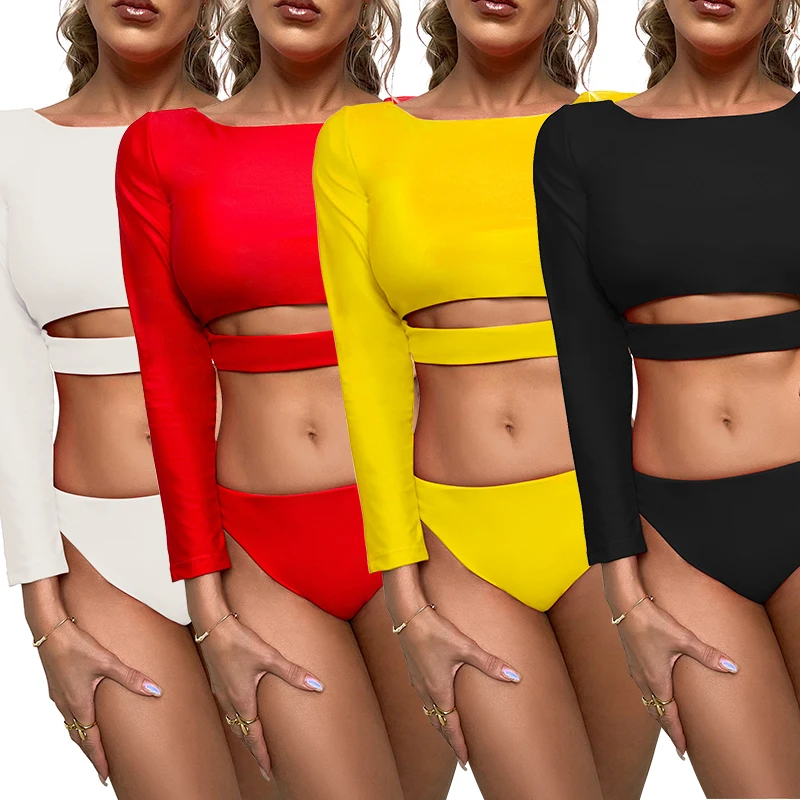 JSN7159 New Design swimwear factory 2024 New Long Sleeve Solid Swimsuit Bathing Suit swimwear fabric bikini swimwear thong