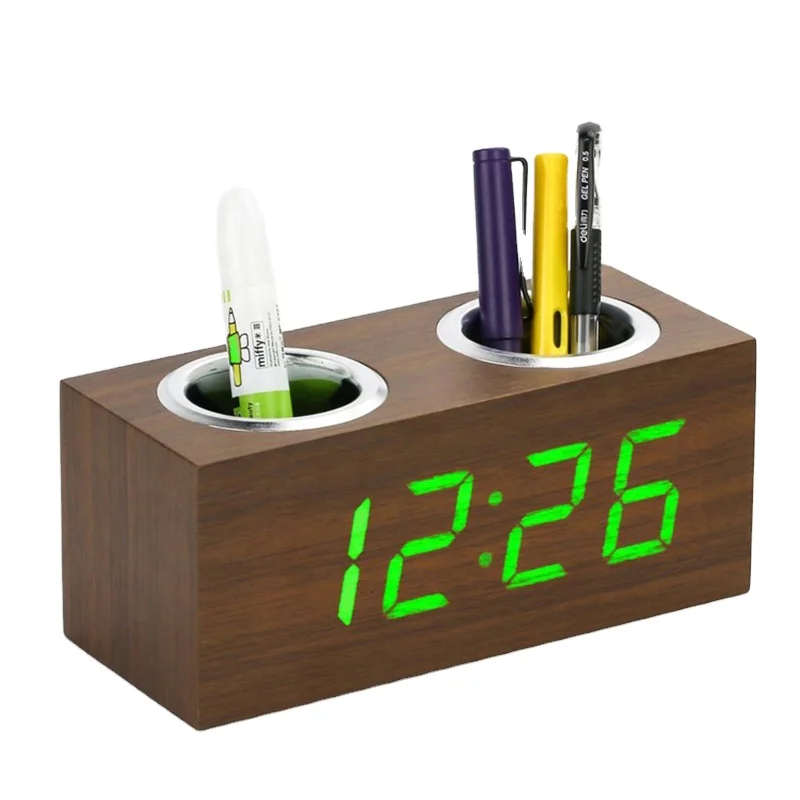 WC011 Temperature Display Desktop Wooden Jumbo LED Digital Alarm Penholder Clock with Storage
