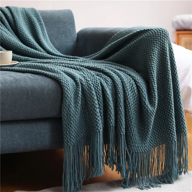 European Style Knitted Tassel Throw Blankets Sofa Blanket Super Soft Solid Color Waffle Blanket for Home Decor