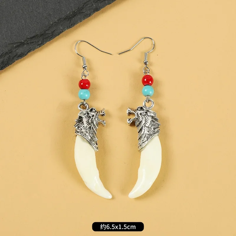 New Fashion Light Luxury Retro Fangs Earrings Tibetan Silver Mosaic Real Tibetan Mastiff Dog Teeth Earrings Wholesale For Women
