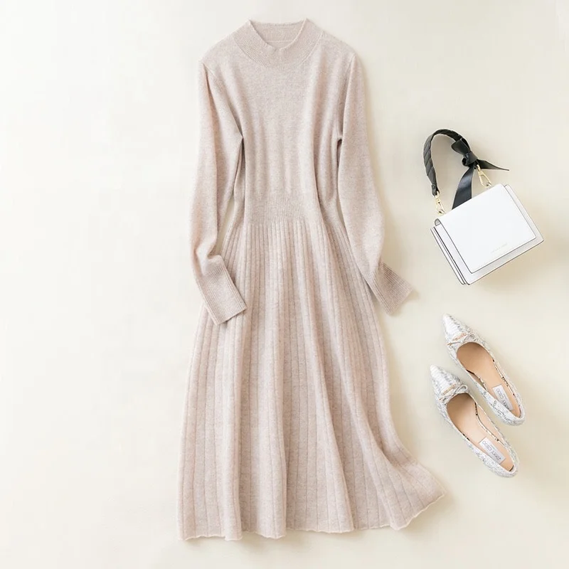 Korea style 100% wool dress long length knitted wear for women