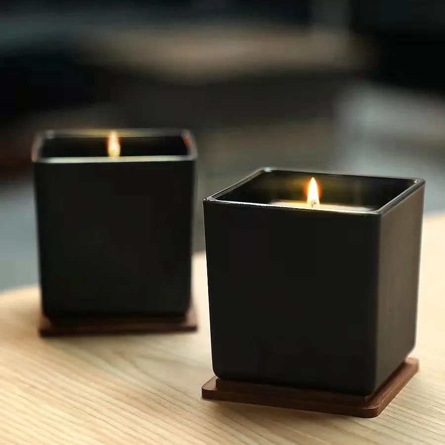 Customized Square Frosted Glass Candle Jar Ceramic Candle Vessel With Lid Black For Interior Decoration