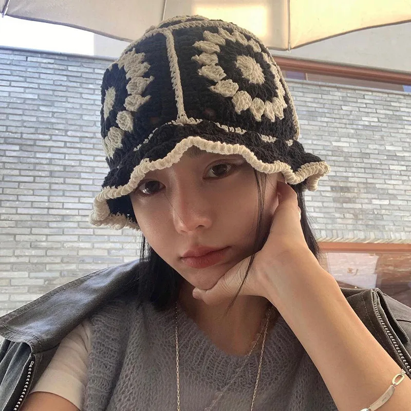 Knitted Hat Flower Sunshade Stitching Fisherman Hat Handmade Crochet Hollow Woolen Hat