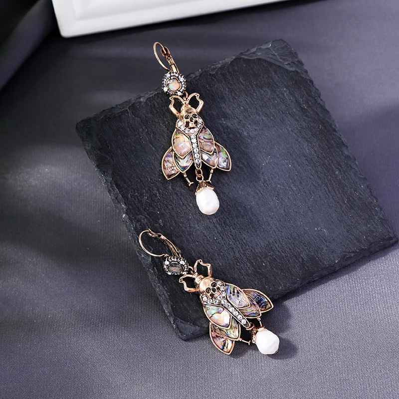 e9112308 Unique Design Long Vintage Gold Skull Fly Insect Colorful Wings Crystal Cultured Freshwater Pearl Charm Earrings