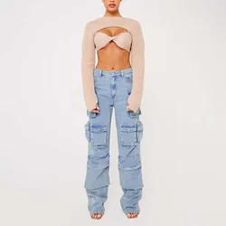 Oem High Quality Custom Manufacturer Wholesale Denim Trousers For Women Wide Leg Outdoor Oversized Female Pants Cargo Jeans