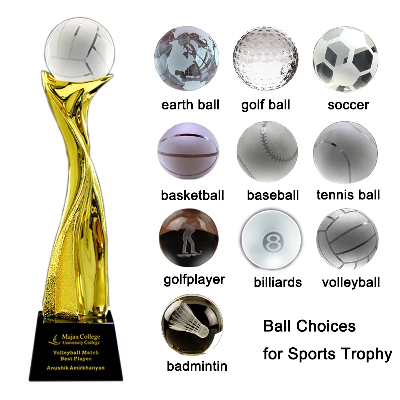 Volleyball Trophy and Medals Crystal Sports Trophy for Competition Tournament Gifts