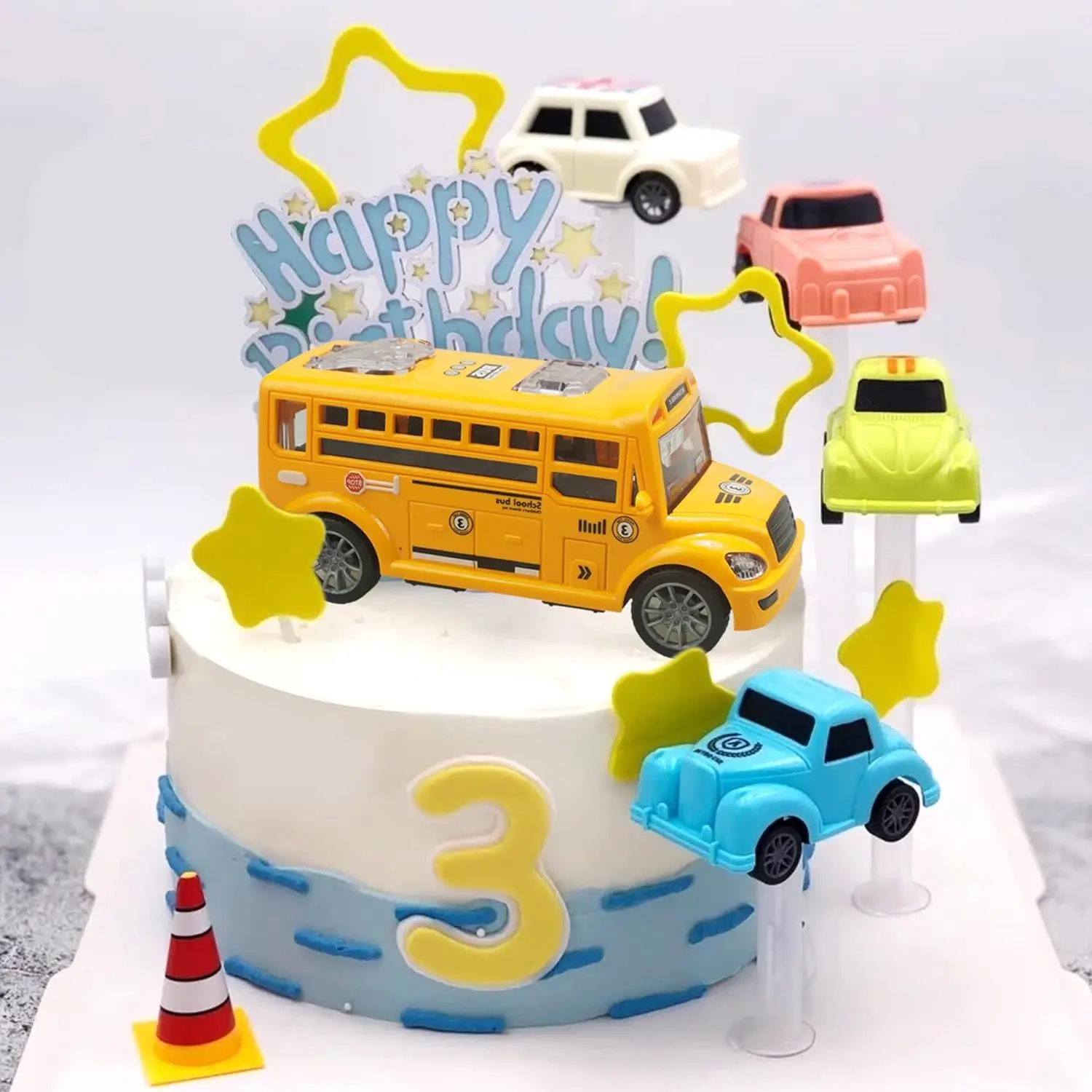 Car Cake Topper School Bus Vehicles Windmill Happy Birthday Cake Toppers Decorations for Cartoon Theme Birthday Party Supplies