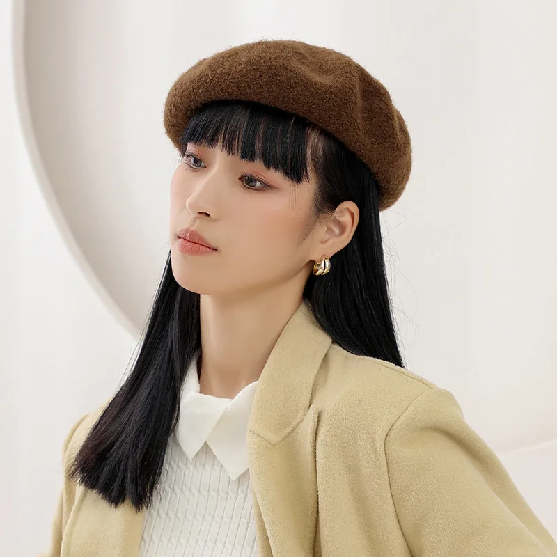 Czelrine 2022 Fashion Custom Logo Embroidered Femmes Plain Cap Solid Color Autumn Winter Warm 100% Wool Beret Hat For Women