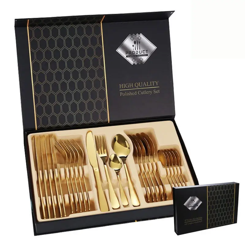 Luxury wedding mirror polish stainless steel tableware 24 pieces flatware sets wholesale gold silver restaurant cutlery