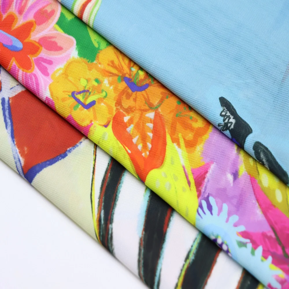 Custom 57gsm Printed 92% Polyester 8% Spandex Flower Grid Mesh Fabric
