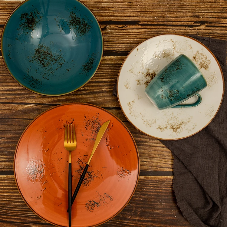 colour glaze change uneven bumpy dirty style dinning crockery porcelain plate dinnerware set for christmas dinner