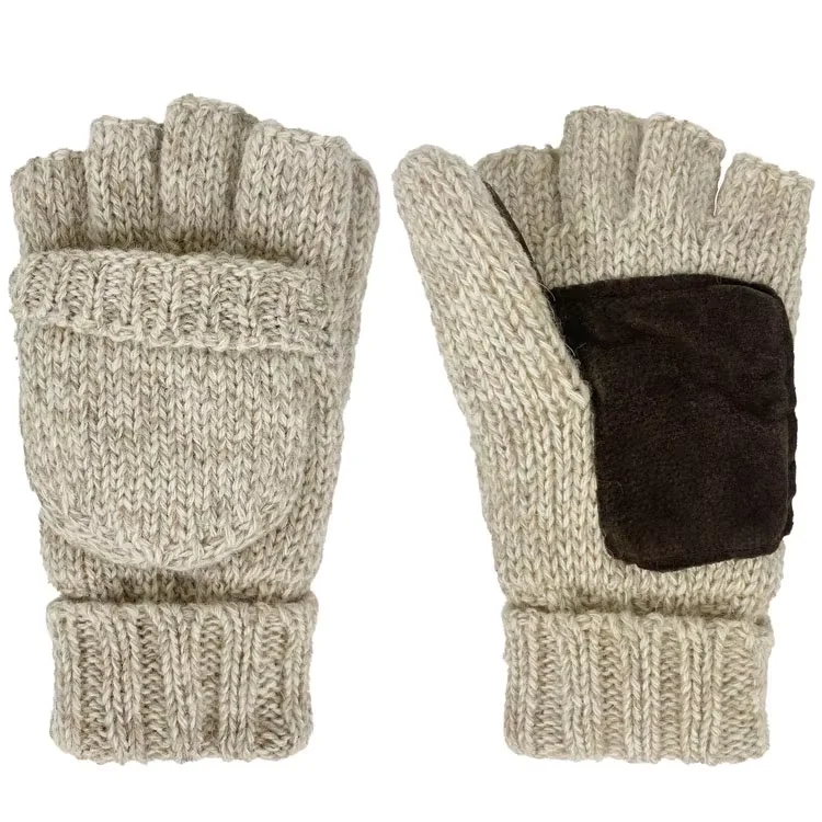 Professional Customized Winter Warm Wool Half- finger Gloves with Cover and Leather Pam