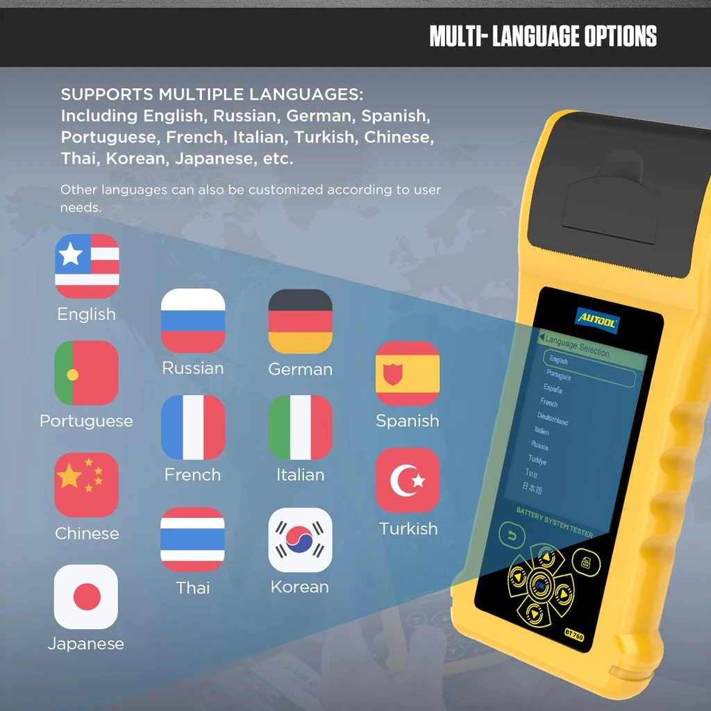 AUTOOL BT760 Battery Tester Digital Color Screen Support Printer Cranking Charging Max Load Test for Cars and Multi-Models