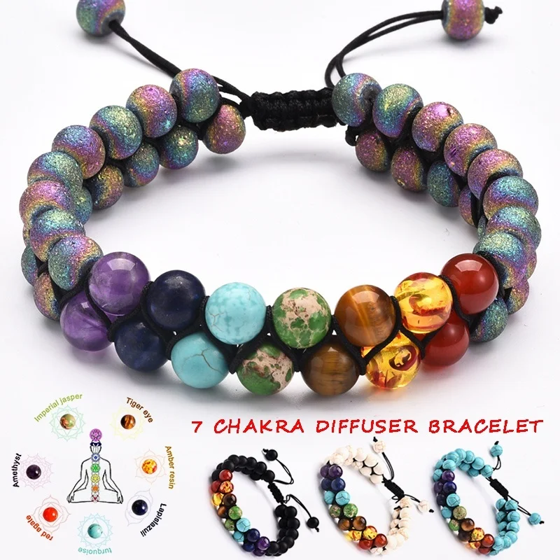 7 Chakra Beads Lava Rock Bracelet 8mm Double Layer Row Adjustable Unisex Yoga Stone Energy Healing Stone Bracelets