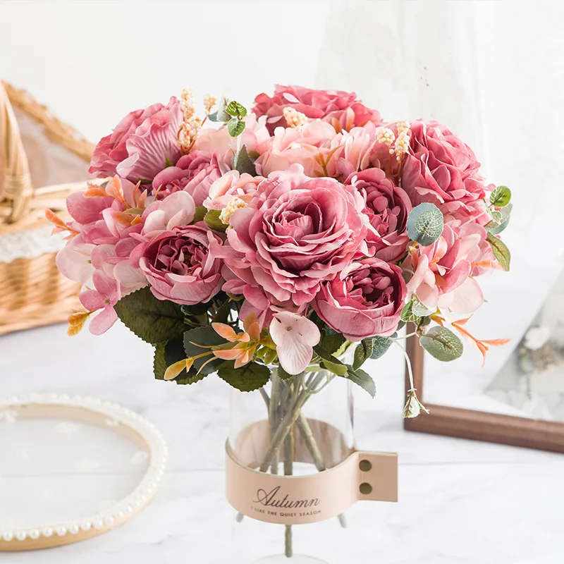 Hot selling short bouquet peony flower arrangement evergreen hydrangea rose flower for vase arrangement decoration
