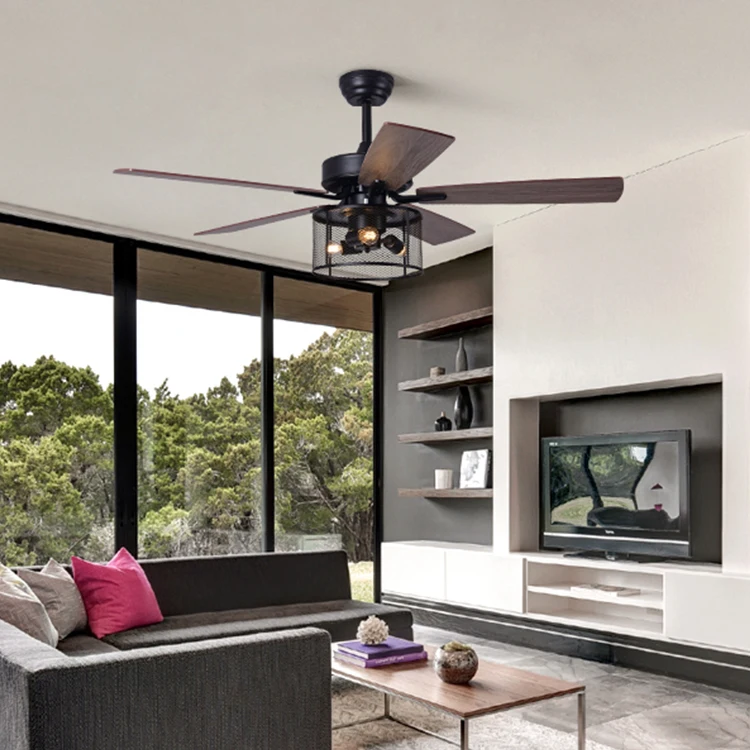 Modern Living Room Bedroom Indoor 52 Inch Black Remote Control Led Ceiling Fan with Lights