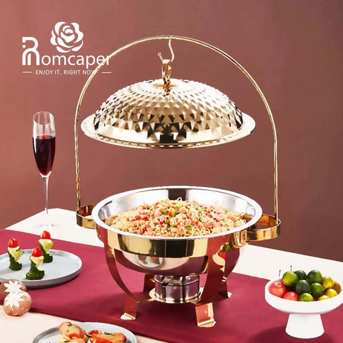 Catering equipment buffet hot pot food warmer server set, luxury gold buffet catering stainless steel chafing dish buffet set