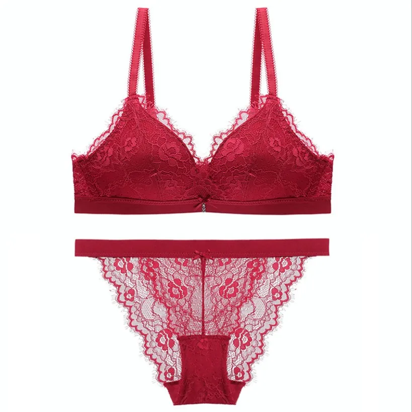 
Gathered no steel ring bra set thin section new ladies sexy lace underwear wholesale bra and pants 