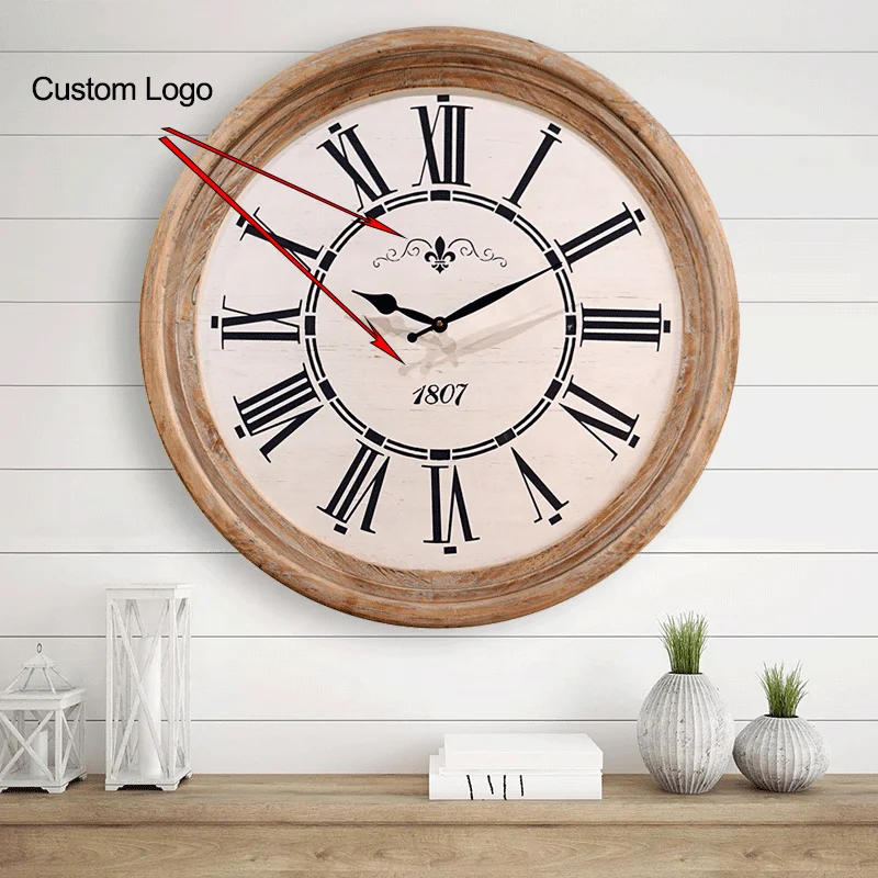 Hot Sale 23.5inch Roman Numerals Wall Clock Custom Logo Large Home Decorative Natural Wooden Wall Clock