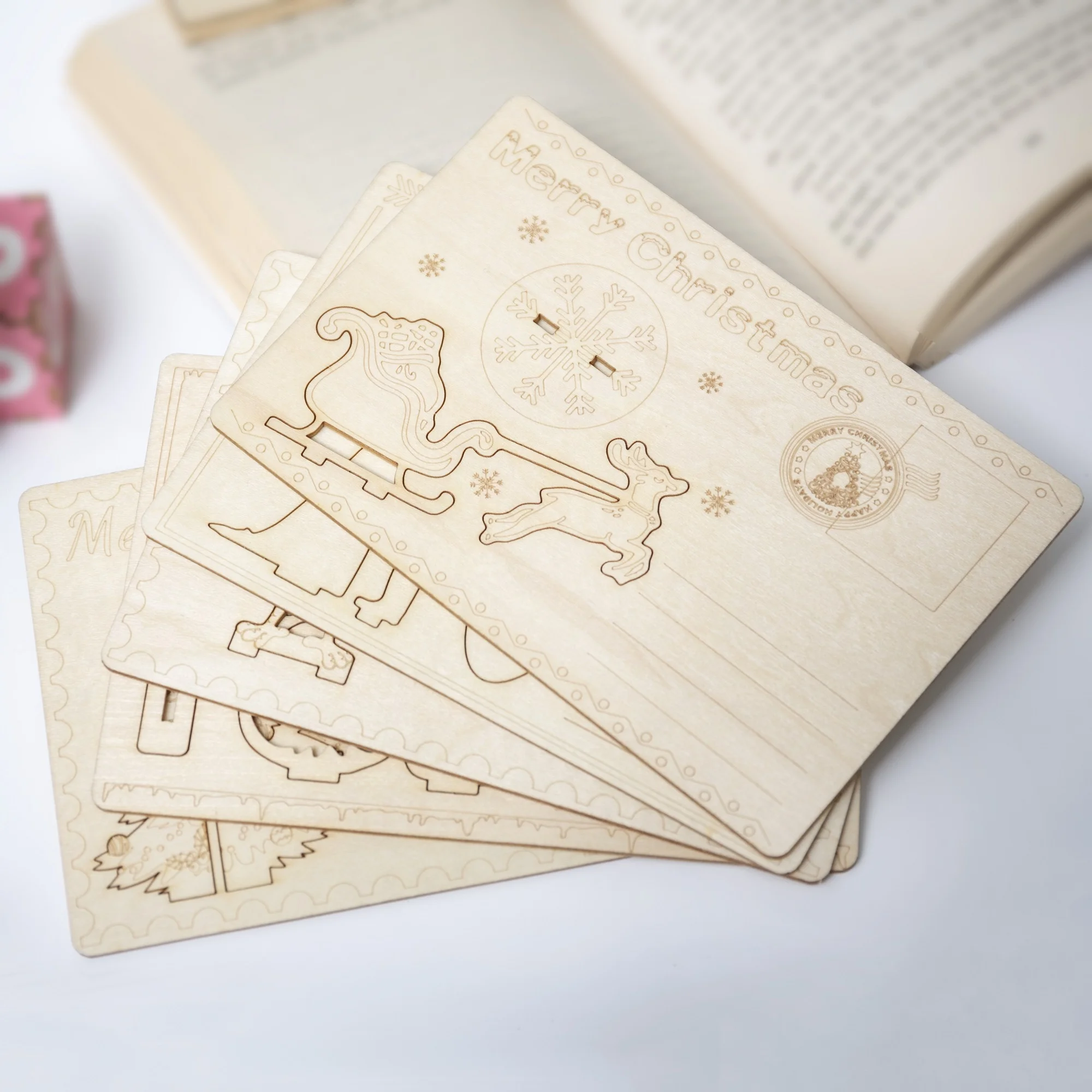 Wholesale Factory DIY Wooden Postcard Customization Holiday and Souvenir 3D carved christmas ornament Laser Cut Crafts wood