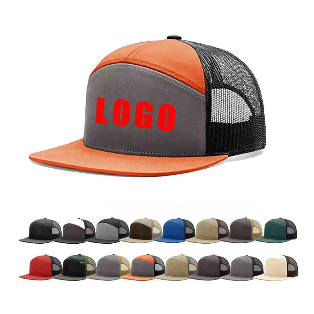 High Quality Gorras Men Women Plain Custom Printed 7 Panels Embroidered Flat Brim Logo Snapback