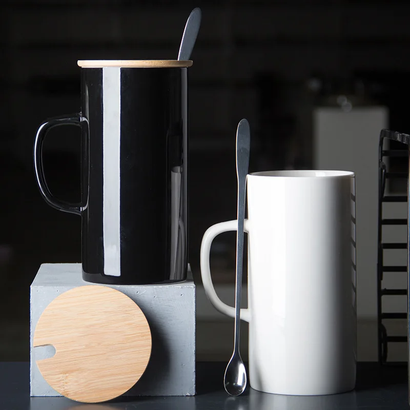 40oz Custom Logo Handmade Ceramic Coffee Mugs White Black Extra Large Size with Bamboo Lid and Spoon