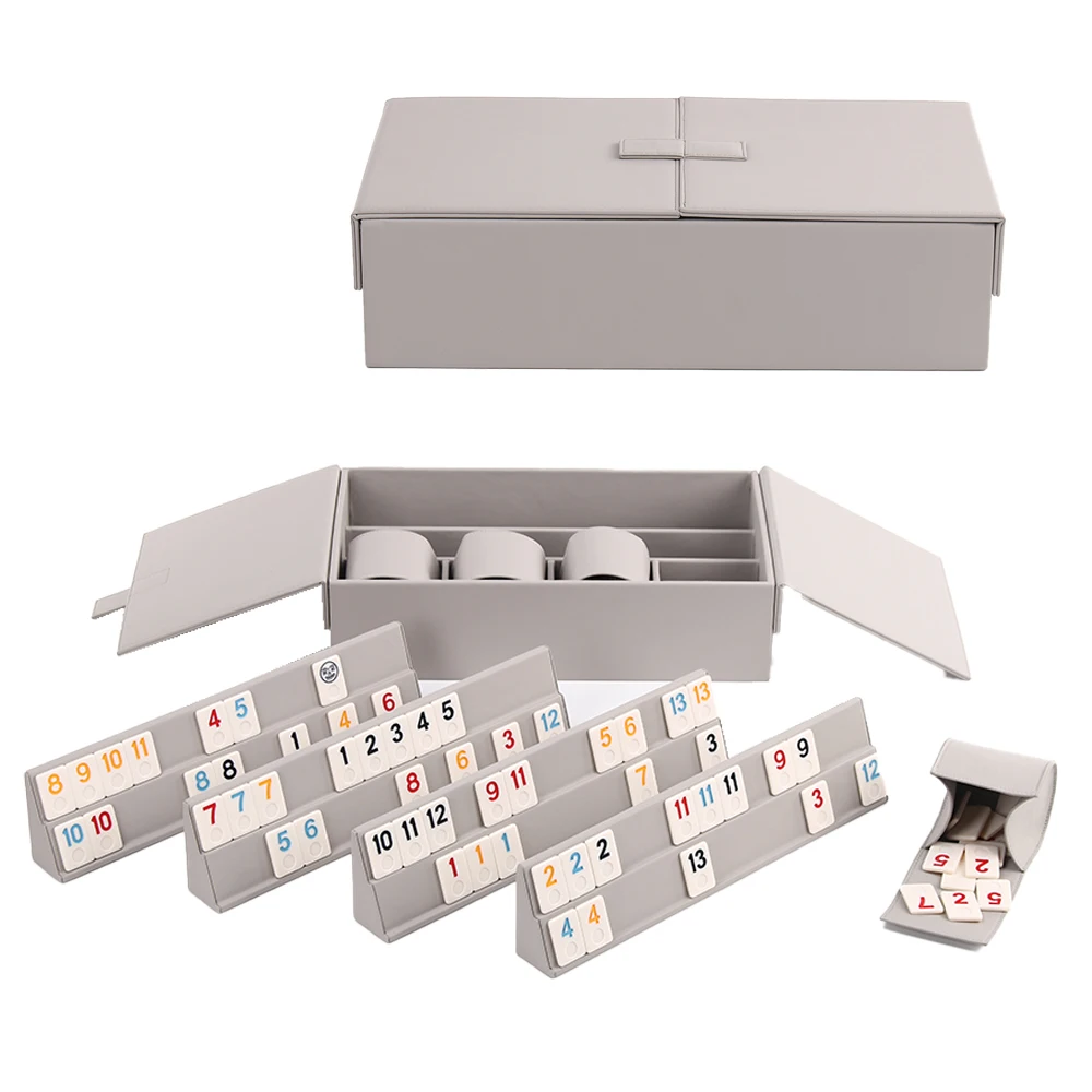 Custom Grey Leather Funny Classic Large Size Rummy Cube Game Set 4 Player Chess and Card Rummy Tiles Group Chess Board Game